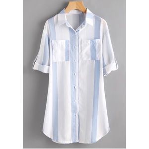 Contrast Striped Roll Tab Sleeve Shirt Dress